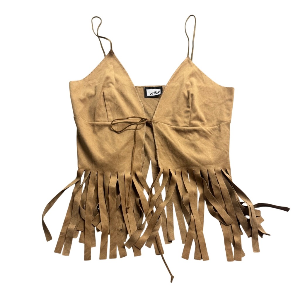 One Up VTG Women's Brown Camel Suede Fringe Crop Tank Top S/M Boho Western Y2k